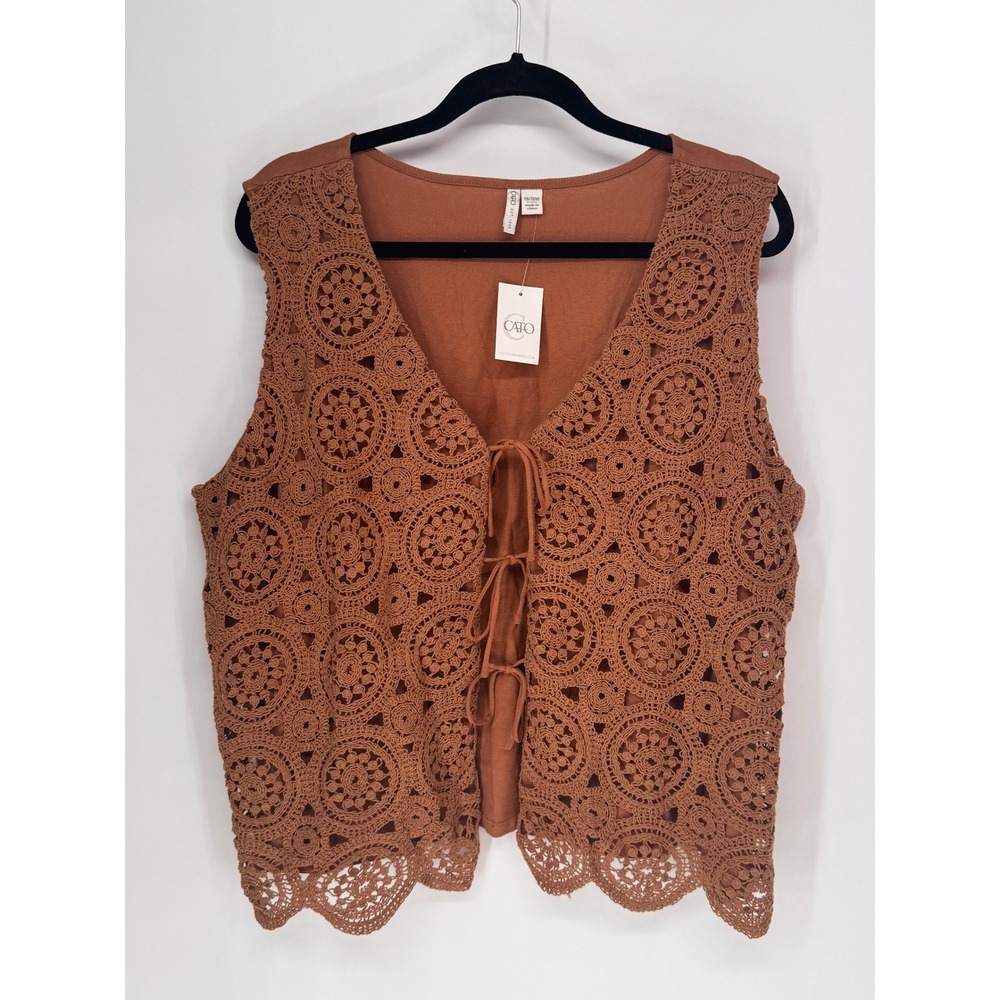 Cato Vest Women 18/20W Brown NWT Crochet Front Tie Scalloped Boho Layering